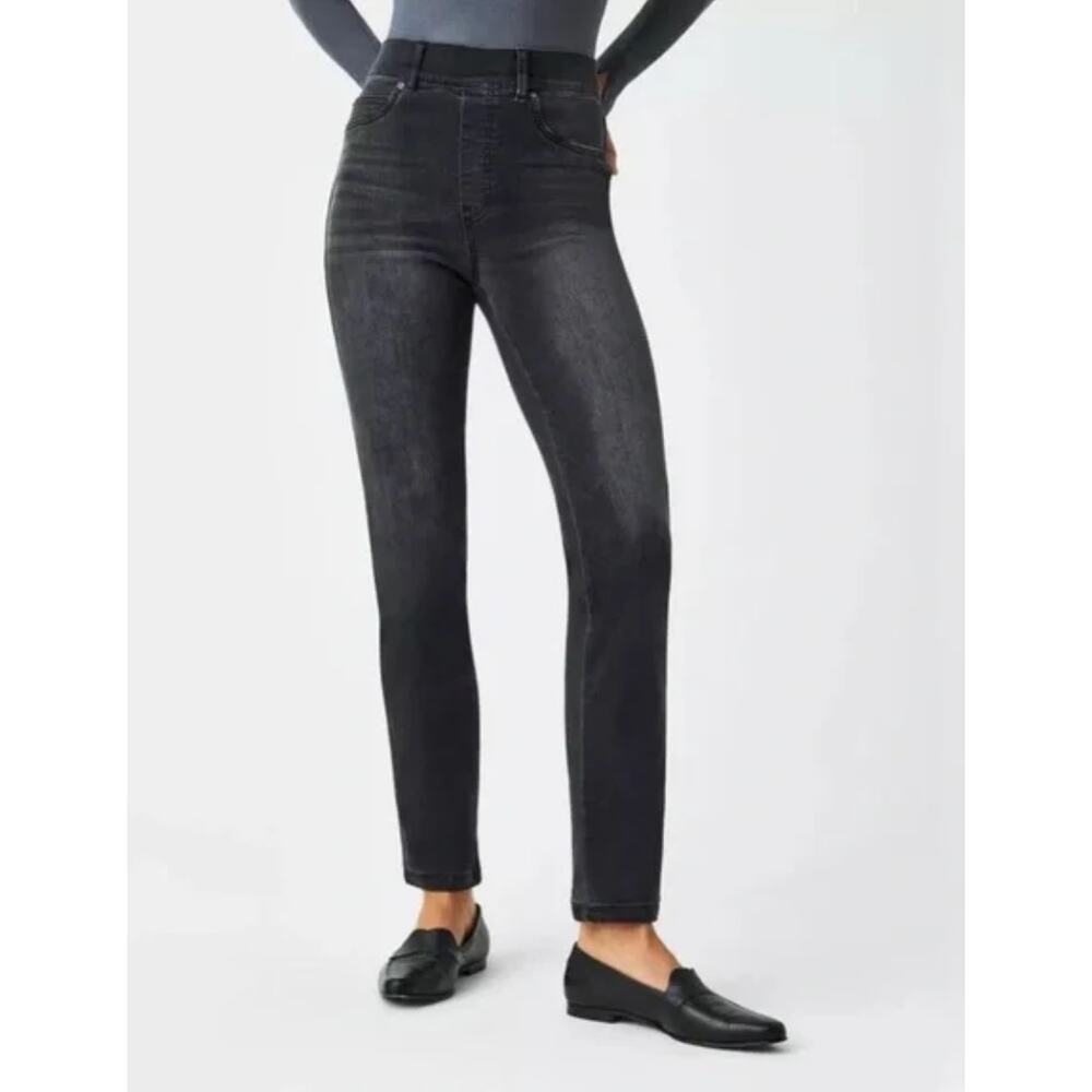 Spanx Pull On Black Washed Straight Leg Slimming Jeans